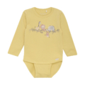 Gelber Baby-Body mit Langarm, Tiermotiv: Giraffe, Löwe, Elefant. Ideal für Komfort und Stil.