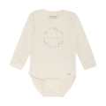 Langarm-Baby-Body in Beige mit Blumenkranz-Design und Flowers in Bloom-Text, aus Bio-Baumwolle.