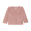 Diese rosafarbene Baby-Strickjacke, perfekt für Kindermode, besticht durch einen Rüschenkragen und einen Knopfverschluss. Das zarte Zickzack-Strickmuster verleiht ihr Charme, während ein kleines dekoratives Etikett den Saum ziert und für zusätzlichen Stil sorgt.