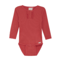 Roter Baby-Body mit langen Ärmeln, Knöpfen und Rüschen-Detail, aus weichem Stoff. Perfekt für gemütliche Tage.