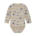 Langärmeliger Baby-Body mit Bagger-Muster, in beige-blau Tönen, ideal für kleinen Baumeister im Herbst.