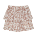 Weißer Rock mit rosa Blumenmuster und zweistufigem Rüschen-Design, ideal für sommerliche Outfits.