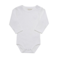 Weißer Baby-Body aus Bio-Baumwolle mit langen Ärmeln und Druckknöpfen, ideal für empfindliche Haut.