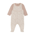 Baby-Overall mit langen Ärmeln, zartem Blumendruck und beige Tönen – ideal für gemütliche Wintertage.