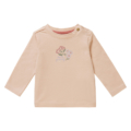 Beige Baby-Langarmshirt mit Blumenstickerei und Knöpfen an der Schulter, ideal für bequemes und stylisches Anziehen.