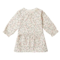 Langarm-Kleid für Kinder mit blumigem Muster auf cremefarbenem Hintergrund. Perfekt für den Frühling.