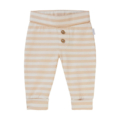 Beige-weiß gestreifte Babyhose mit zwei Knöpfen und elastischem Bund, ideal für Komfort und Stil bei Neugeborenen.
