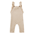 Beiger Baby-Strampler mit Rüschenärmeln und Knöpfen, ideal für stilvolle und komfortable Babykleidung im Alltag.