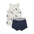 Kinder-Unterwäsche-Set mit planetarischen Motiven und Dino-Print auf weißem Tanktop und dunkelblauer Shorts.