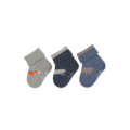 Drei Paar Babysocken in Grau- und Blautönen mit Tiermotiven: Fuchs, Wolf, Bär, aus weicher Wolle.
