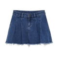 Denim-Minirock mit Falten und ausgefranstem Saum, ideal für modische Freizeitlooks und sommerliche Outfits.