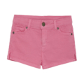 Rosa Jeansshorts für Mädchen mit Taschen und Gürtelschlaufen, geeignet für lässige Sommer-Outfits.