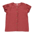 Rosa Kinderbluse aus Leinen mit Knopfleiste und kurzen, gerafften Ärmeln – Ideal für den Sommer.