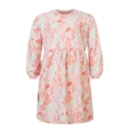 Langes Kleid mit rosa botanischem Muster, Puffärmeln und Rundhalsausschnitt, ideal für lässige Sommeranlässe.