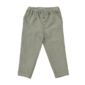 Grüne Kinderhose aus Leinen mit elastischem Bund und Knopfleiste, ideal für Komfort und Stil im Alltag.