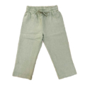Grüne Kinderleinenhose mit elastischem Bund und Kordelzug, ideal für Frühling und Sommerkleidung.