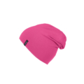 Pinkfarbene Beanie-Mütze, ideal für kalte Tage, mit einem stilvollen, minimalistischen Design und Markenetikett.