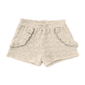 Beige Mädchen-Shorts mit Rüschen, geraffter Taille und Texturdesign – modische Sommerbekleidung für Kinder.
