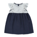 Dunkelblaues Kinderkleid mit hellblauen Rüschenärmeln und floralem Muster, ideal für Sommeranlässe.