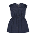 Dunkelblaues, knielanges Leinenkleid mit Knopfleiste und kurzen Ärmeln, ideal für Sommer- oder Freizeitkleidung.