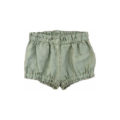 Grüne Babyshorts aus Leinenstoff mit elastischem Bund und Beinausgang, ideal für Sommeroutfits.