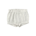 Weiße Baby-Bloomers aus Leinen mit elastischem Bund und Beinabschlüssen, passend für Sommerbekleidung.