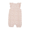 Rosa Baby-Strampler mit Blumenmuster und Rüschenärmeln, ideal für komfortable und stilvolle Babymode.