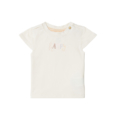 Weißes Baby-T-Shirt mit farbigem happy-Aufdruck und Knopfdetails auf der Schulter.