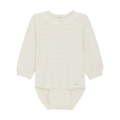 Elfenbeinfarbener Baby-Body mit Spitzenkragen und langen Ärmeln, perfekt für elegante Outfits für Babys.
