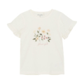 Weißes Kinder-T-Shirt mit Blumenmotiv und Rüschenärmeln, ideal für einen frischen, sommerlichen Look.