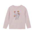 Langärmliges Kinder-T-Shirt in Flieder mit Blumendruck und goldenen Details, modisch und bequem für den Alltag.