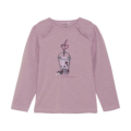 Langärmeliges lila Kinder-T-Shirt mit Bubble Tea Druck und Rüschen-Details auf den Schultern.