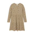 Braunes langärmeliges Kleid mit lila Blumenmuster, ideal für den Herbst. Verspieltes und stilvolles Design.
