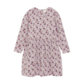 Langärmliges Kleid für Mädchen mit lila Blumenmuster auf hellrosa Hintergrund. Ideal für Frühling und Herbst.