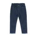 Dunkelblaue Kinder-Jeans mit elastischem Bund und Fransen an den Beinabschlüssen, ideal für komfortables Spielen.