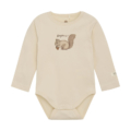 Langärmeliger Baby-Body in Beige mit Eichhörnchen-Motiv und dem Schriftzug Bonjour! auf der Vorderseite.