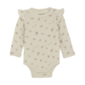 Baby-Body mit Blumenmuster, lange Ärmel, Rüschen, beige, gemütliches Design für Neugeborene.