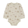 Langarm-Babybody mit Tiermuster auf cremefarbenem Stoff, ideal für gemütliche und stylische Babybekleidung.