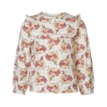Bluse mit floralem Muster und Rüschen, langärmelig, weiß mit roten und gelben Akzenten, elegantes Design für Damen.