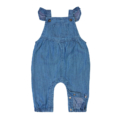Blauer Baby-Denim-Overall mit Knöpfen und Rüschen. Ideal für Mädchenmode, bequemes und stilvolles Design.