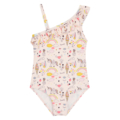 Einhorn-Mädchen-Badeanzug mit buntem Muster und Rüschen, ideal für Sommer und Strandaktivitäten.