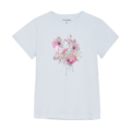Hellblaues Mädchen-T-Shirt mit floralem Print, rosa und goldene Akzente, perfekt für den Sommerlook.