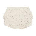 Cremefarbene Baby-Shorts mit zartem Blumenmuster und seitlichen Rüschen, ideal für Sommeroutfits.