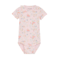 Rosa Baby-Body mit Blumenmuster, kurze Ärmel, Rüschenkragen. Komfortabel und stilvoll für Babys.