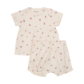 Zweiteiliges Baby-Set mit süßem Marienkäfer-Print auf cremefarbenem Stoff, ideal für den Sommer.