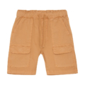 Beige Cargo-Shorts mit elastischem Bund und Taschen, ideal für Freizeit und Outdoor-Aktivitäten.
