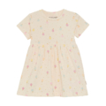 Kleinkind-Kleid mit buntem Blumenmuster auf cremefarbenem Hintergrund, kurzärmeliges Design. Ideal für Freizeit und Spiel.