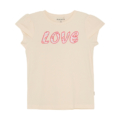 Beiges T-Shirt mit dem Wort LOVE, verziert mit rosa Blumenmuster. Perfekt für einen lässigen und stilvollen Look.