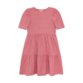 Rosa Kinderkleid mit Puffärmeln und Stufenrock, ideal für festliche Anlässe.