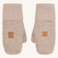 Beige Strickfäustlinge mit umgeschlagenem Saum und Lederetikett, ideal für warme Hände im Winter.